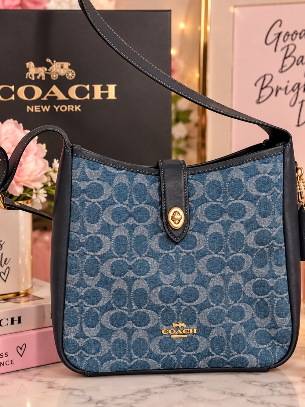 Coach Denim Blue Signature Jacquard Shoulder Bag with Navy Trim